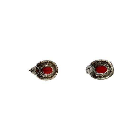 Vintage Inspired Red Coral & Silver Oval Stud Earrings Elegant Timeless Jewelry - Picture 4 of 5